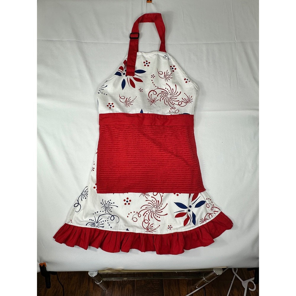 Temp-tations Apron Womens Patriotic‎ Floral Fireworks Red White Blue One Size